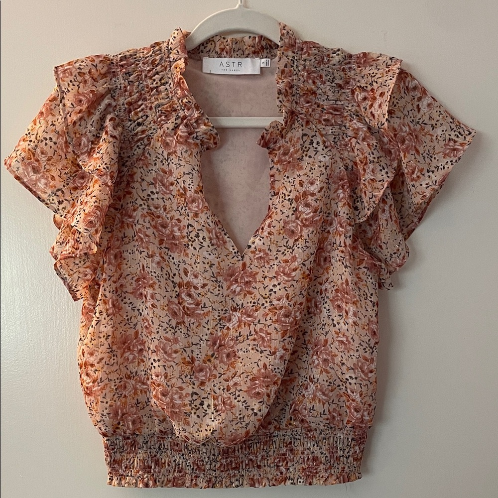 ASTR The Label Women's Floral Ruffle Blouse - Peach and Mauve, size small